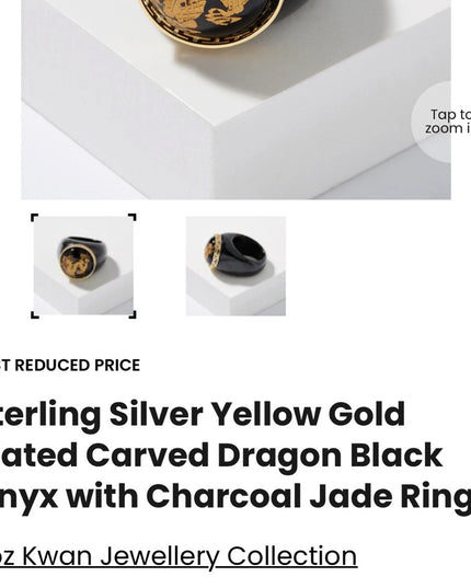 Roz Kwan Sterling Silver Gold Plated Carved Dragon Black Onyx Charcoal Jade Ring