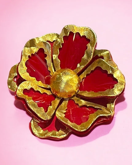 Vintage 1960s Red enamel & gold flower 🌺 Brooch