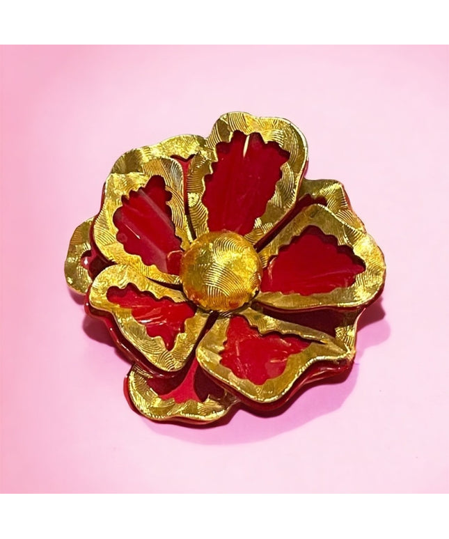 Vintage 1960s Red enamel & gold flower 🌺 Brooch