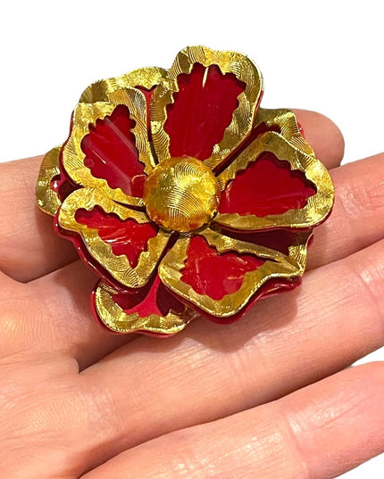 Vintage 1960s Red enamel & gold flower 🌺 Brooch