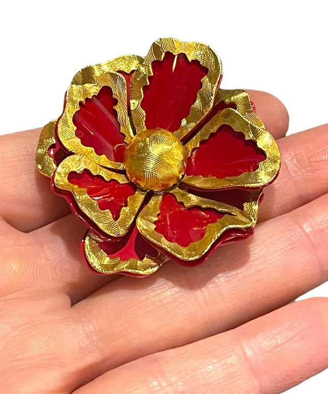Vintage 1960s Red enamel & gold flower 🌺 Brooch