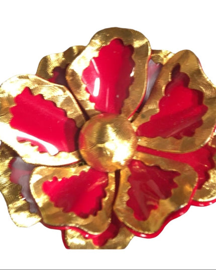 Vintage 1960s Red enamel & gold flower 🌺 Brooch