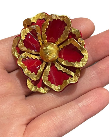 Vintage 1960s Red enamel & gold flower 🌺 Brooch