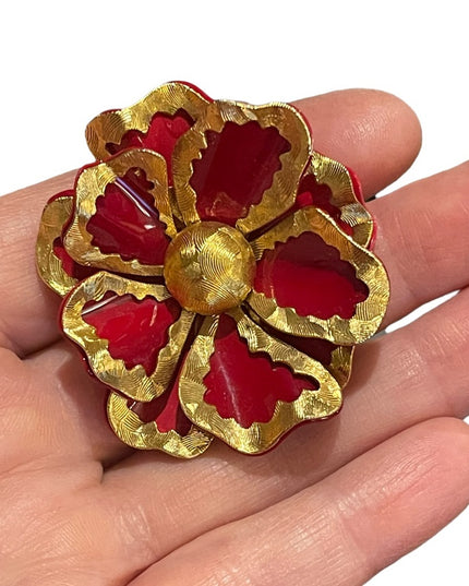 Vintage 1960s Red enamel & gold flower 🌺 Brooch