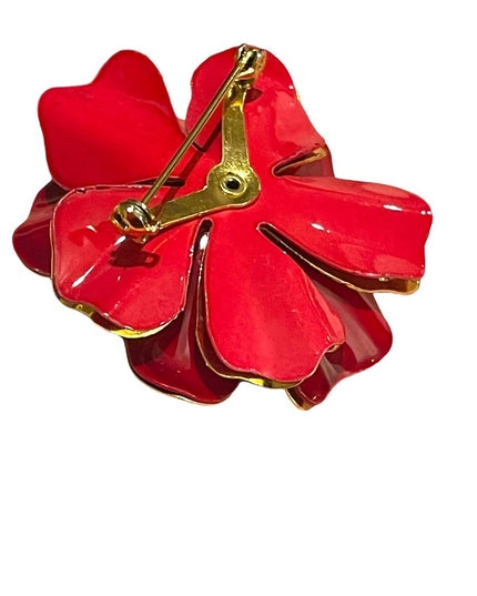 Vintage 1960s Red enamel & gold flower 🌺 Brooch