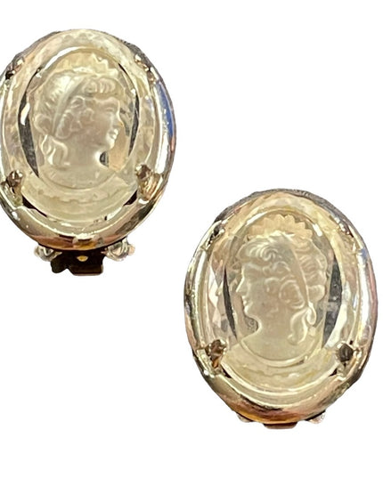 Vintage Warner glass crystal cameo clip on earrings silver finish