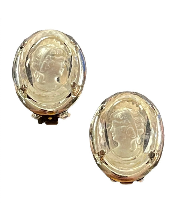 Vintage Warner glass crystal cameo clip on earrings silver finish