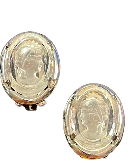 Vintage Warner glass crystal cameo clip on earrings silver finish