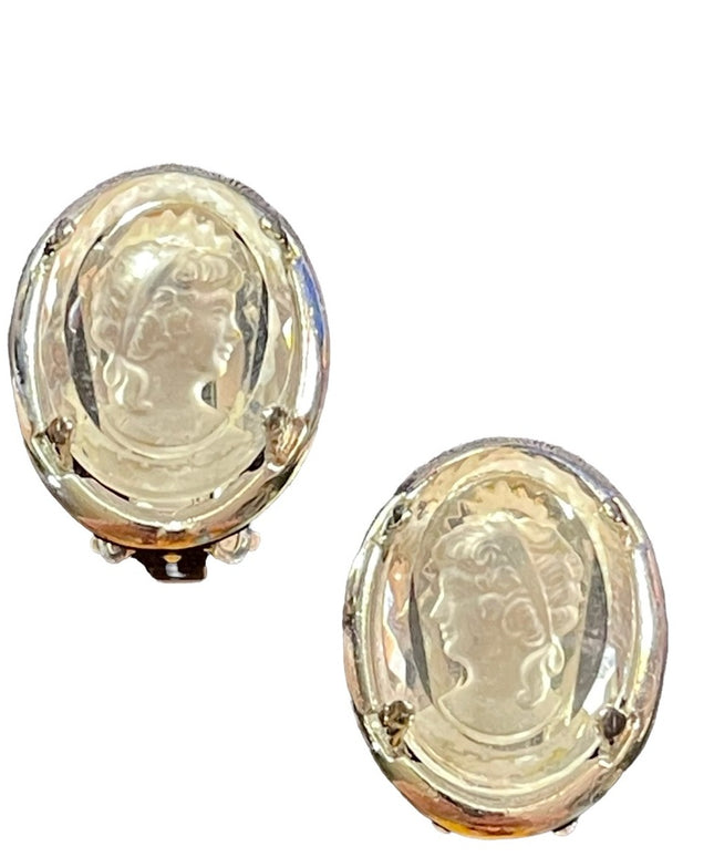 Vintage Warner glass crystal cameo clip on earrings silver finish