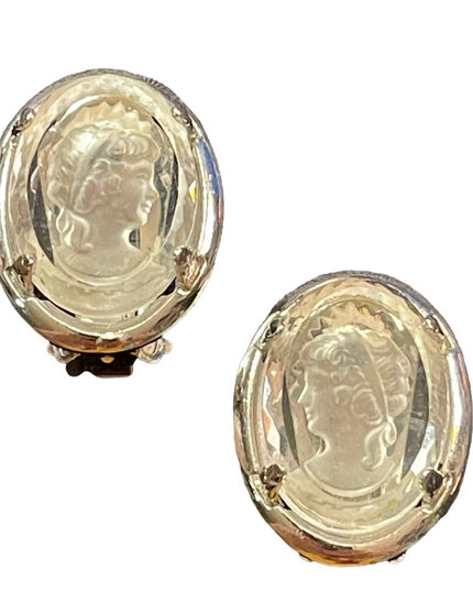 Vintage Warner glass crystal cameo clip on earrings silver finish