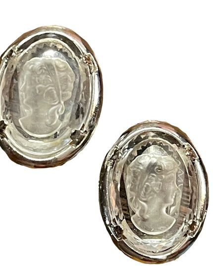 Vintage Warner glass crystal cameo clip on earrings silver finish