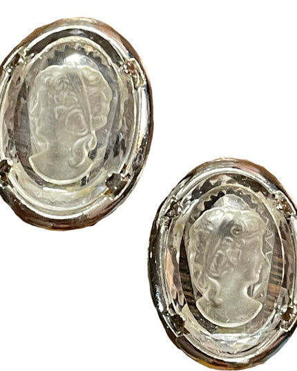 Vintage Warner glass crystal cameo clip on earrings silver finish