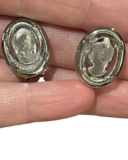 Vintage Warner glass crystal cameo clip on earrings silver finish