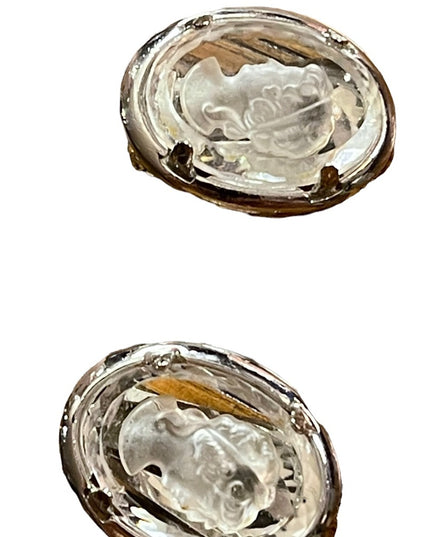 Vintage Warner glass crystal cameo clip on earrings silver finish