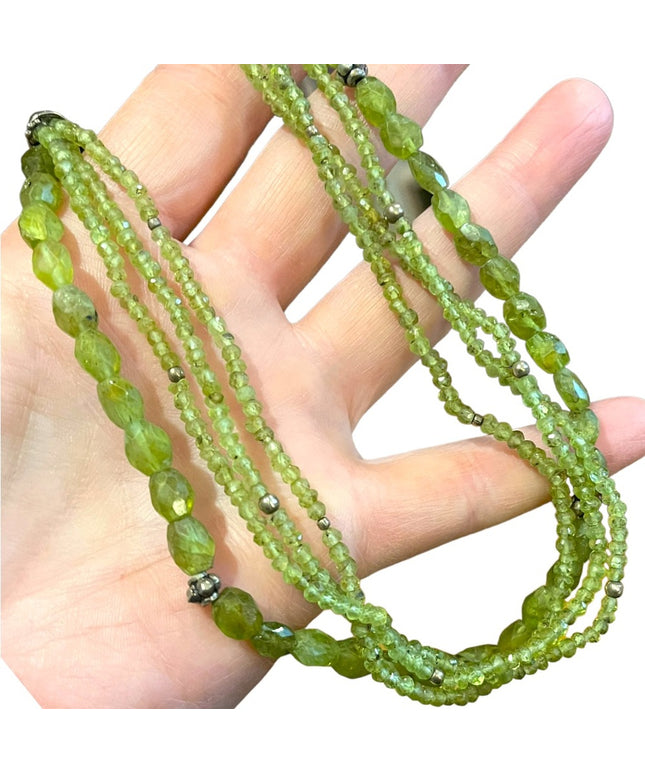 Silver Bali style Rough faceted PERIDOT 4 strand bead necklace Balenisian