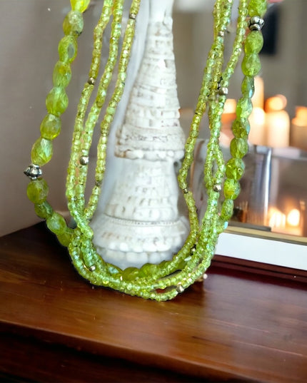 Silver Bali style Rough faceted PERIDOT 4 strand bead necklace Balenisian