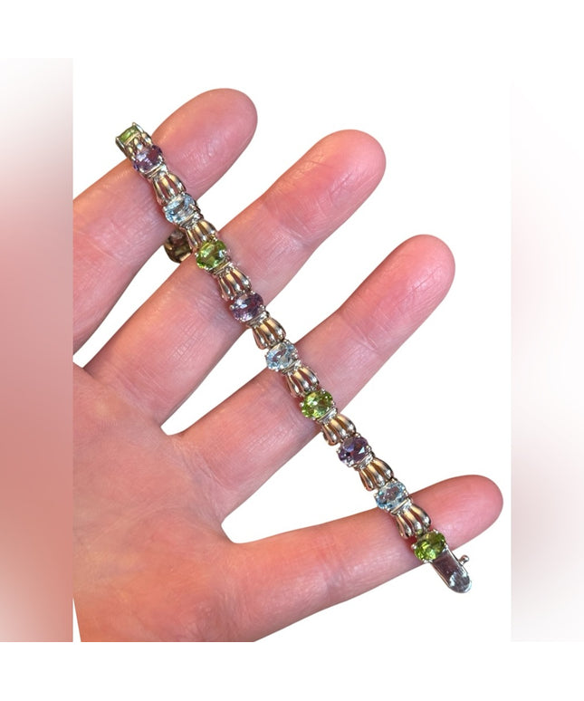 Elegant Sterling Silver 925 Multi Gemstone Bracelet peridot topaz amethyst