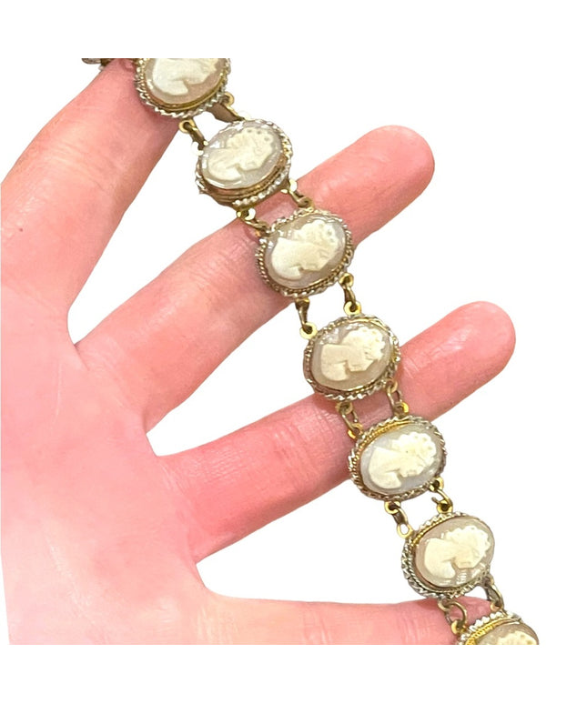 Vintage silver gold wash shell cameo ornate link bracelet