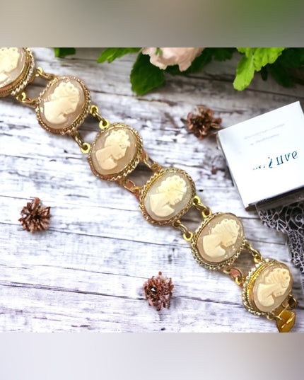 Vintage silver gold wash shell cameo ornate link bracelet