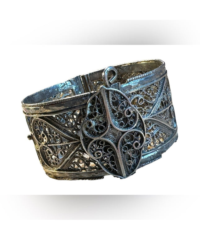 Antique filagree 800 silver late 1800s heart flower Tunisian bangle bracelet