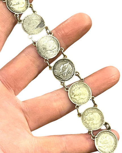 Antique Solid Silver Three Pence British Coin Bracelet 1930s   Queen Victoria