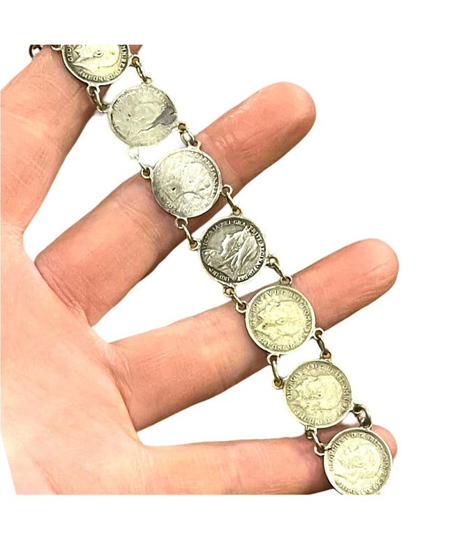 Antique Solid Silver Three Pence British Coin Bracelet 1930s   Queen Victoria