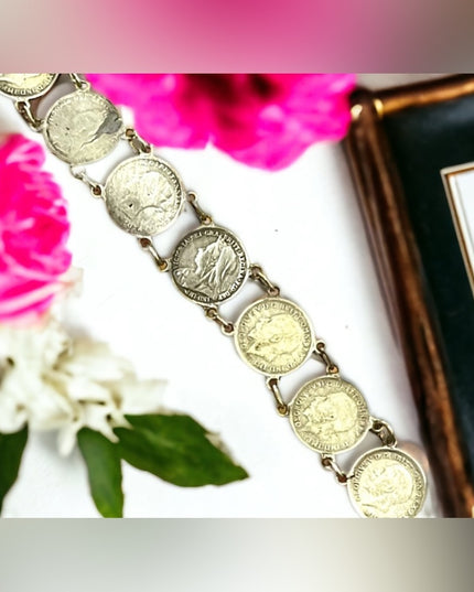 Antique Solid Silver Three Pence British Coin Bracelet 1930s   Queen Victoria