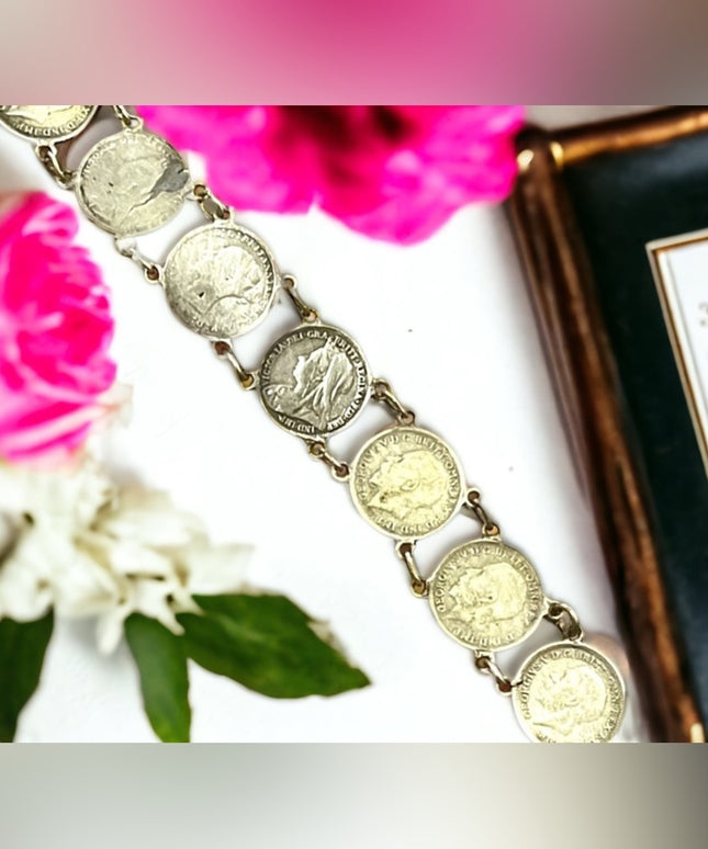 Antique Solid Silver Three Pence British Coin Bracelet 1930s   Queen Victoria