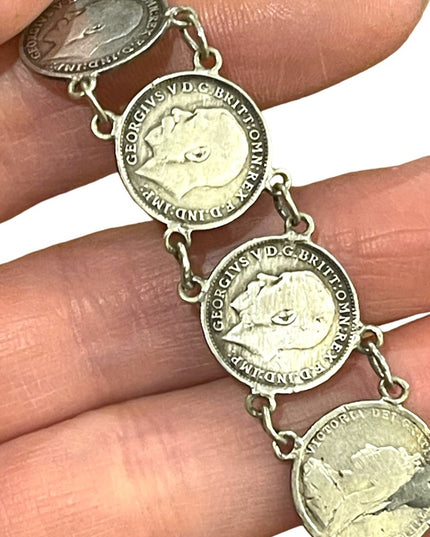 Antique Solid Silver Three Pence British Coin Bracelet 1930s   Queen Victoria