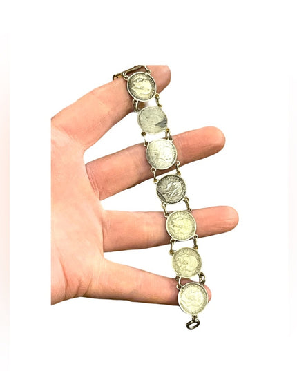 Antique Solid Silver Three Pence British Coin Bracelet 1930s   Queen Victoria