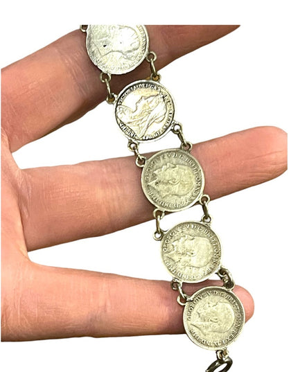 Antique Solid Silver Three Pence British Coin Bracelet 1930s   Queen Victoria