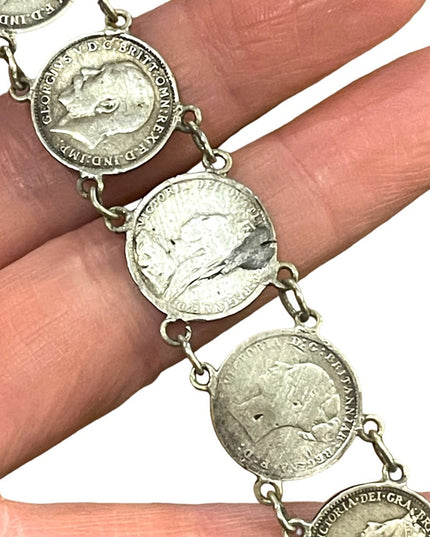 Antique Solid Silver Three Pence British Coin Bracelet 1930s   Queen Victoria