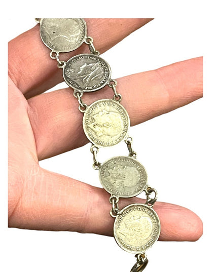 Antique Solid Silver Three Pence British Coin Bracelet 1930s   Queen Victoria
