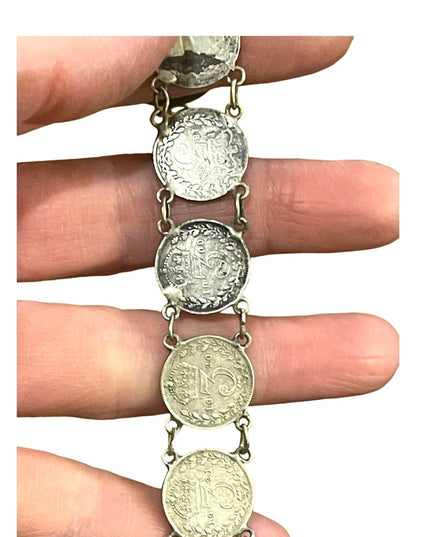 Antique Solid Silver Three Pence British Coin Bracelet 1930s   Queen Victoria