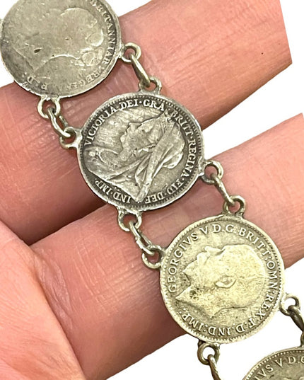 Antique Solid Silver Three Pence British Coin Bracelet 1930s   Queen Victoria
