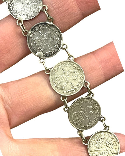 Antique Solid Silver Three Pence British Coin Bracelet 1930s   Queen Victoria