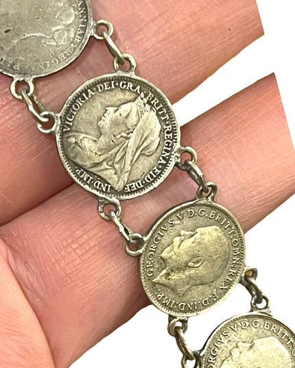 Antique Solid Silver Three Pence British Coin Bracelet 1930s   Queen Victoria