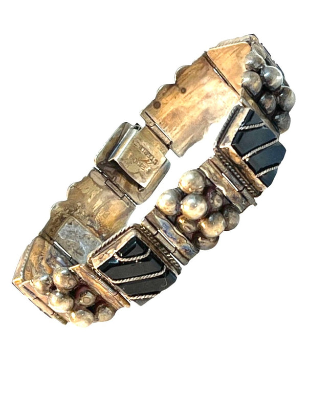Vintage Sterling Mexico Black onyx chunky bracelet native