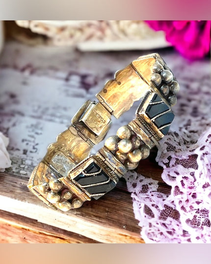 Vintage Sterling Mexico Black onyx chunky bracelet native