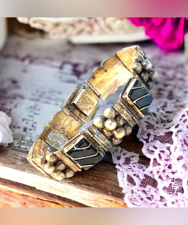 Vintage Sterling Mexico Black onyx chunky bracelet native