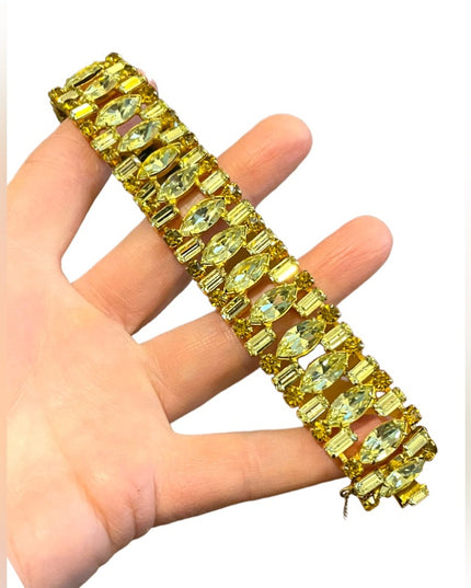 Vintage Rare 1960s Lemon CRYSTAL WEISS Glass  gold finish fancy Chunky bracelet