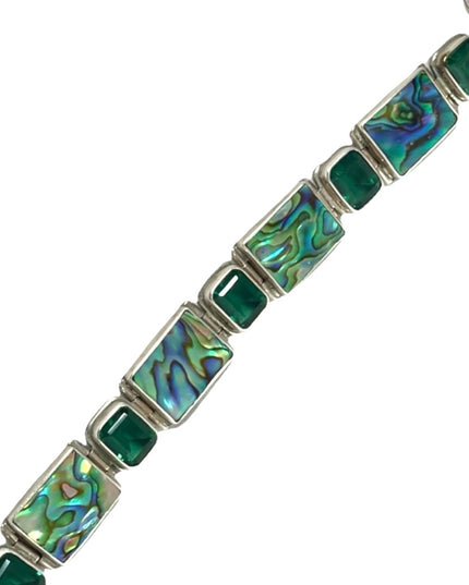 Sterling silver 925 green crystal & abalone chunky link bracelet