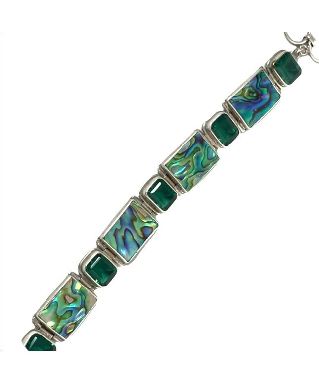 Sterling silver 925 green crystal & abalone chunky link bracelet