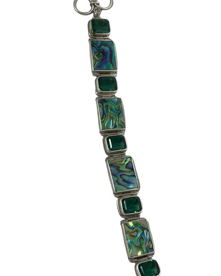 Sterling silver 925 green crystal & abalone chunky link bracelet