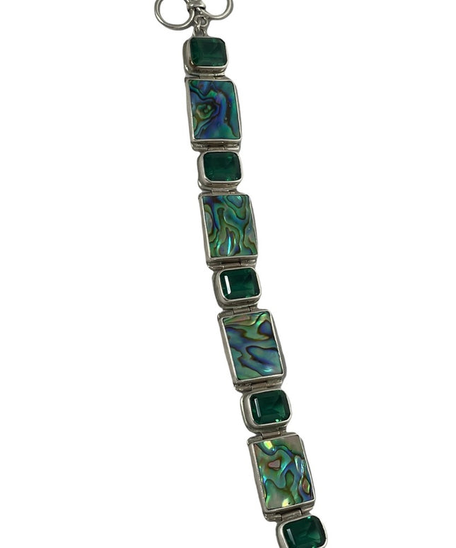 Sterling silver 925 green crystal & abalone chunky link bracelet