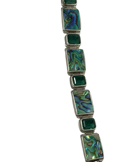 Sterling silver 925 green crystal & abalone chunky link bracelet