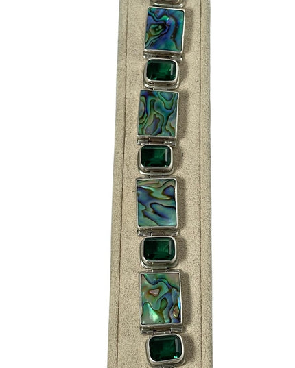 Sterling silver 925 green crystal & abalone chunky link bracelet