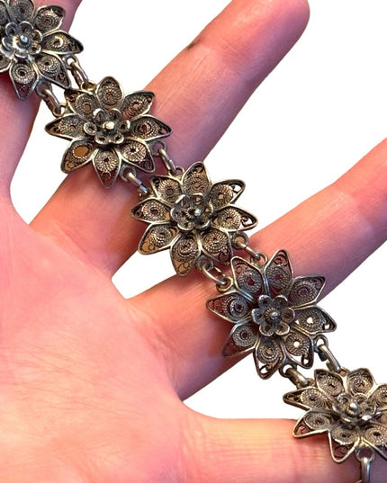 Antique Sterling silver 925 Filagree fancy flowner link art deco bracelet