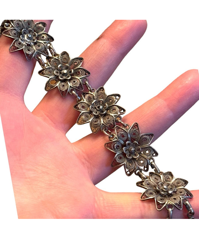 Antique Sterling silver 925 Filagree fancy flowner link art deco bracelet