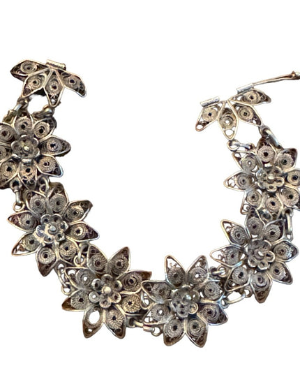 Antique Sterling silver 925 Filagree fancy flowner link art deco bracelet
